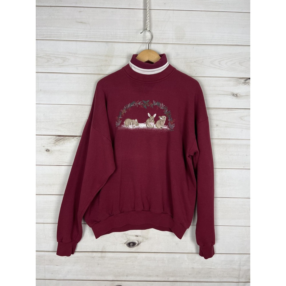 Artisans Sweatshirt Womens XL Red Mock Neck Embroidered Bunnies Christmas